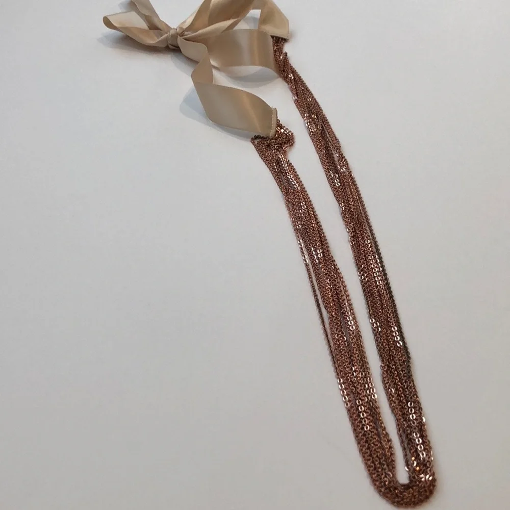 J. Crew Rose Gold Chain Multi-Strand Necklace with Beige Ribbon